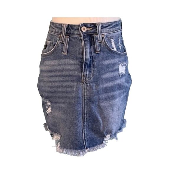 KanCan Signature High Rise Jean Skirt Blue Denim Distressed Mini Raw Hem 23 - Picture 2 of 6